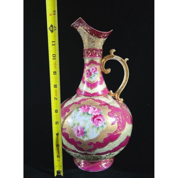 Antique Victorian Style Hand-Painted Porcelain Pitcher, Vase W/ Gold Gilding & F - Picture 9 of 10